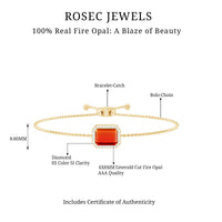 Emerald cut fire opal bolo bracelet with diamond halo accents from Rosec Jewels, showcasing vibrant orange and red gemstone design.