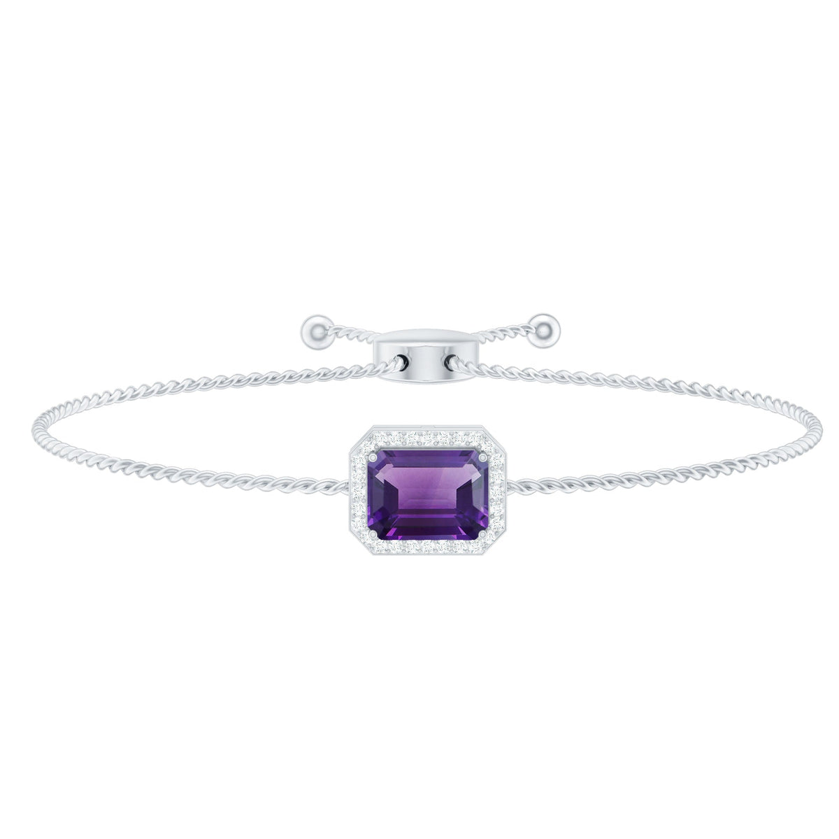 Natural 1.4 Carat Emerald Cut Amethyst Diamond Bolo Bracelet