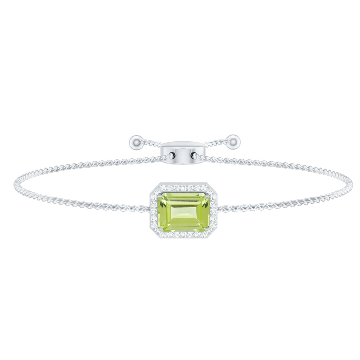 Emerald cut peridot and diamond bolo chain bracelet from Rosec Jewels with 1.8 carats of gemstones and elegant design.