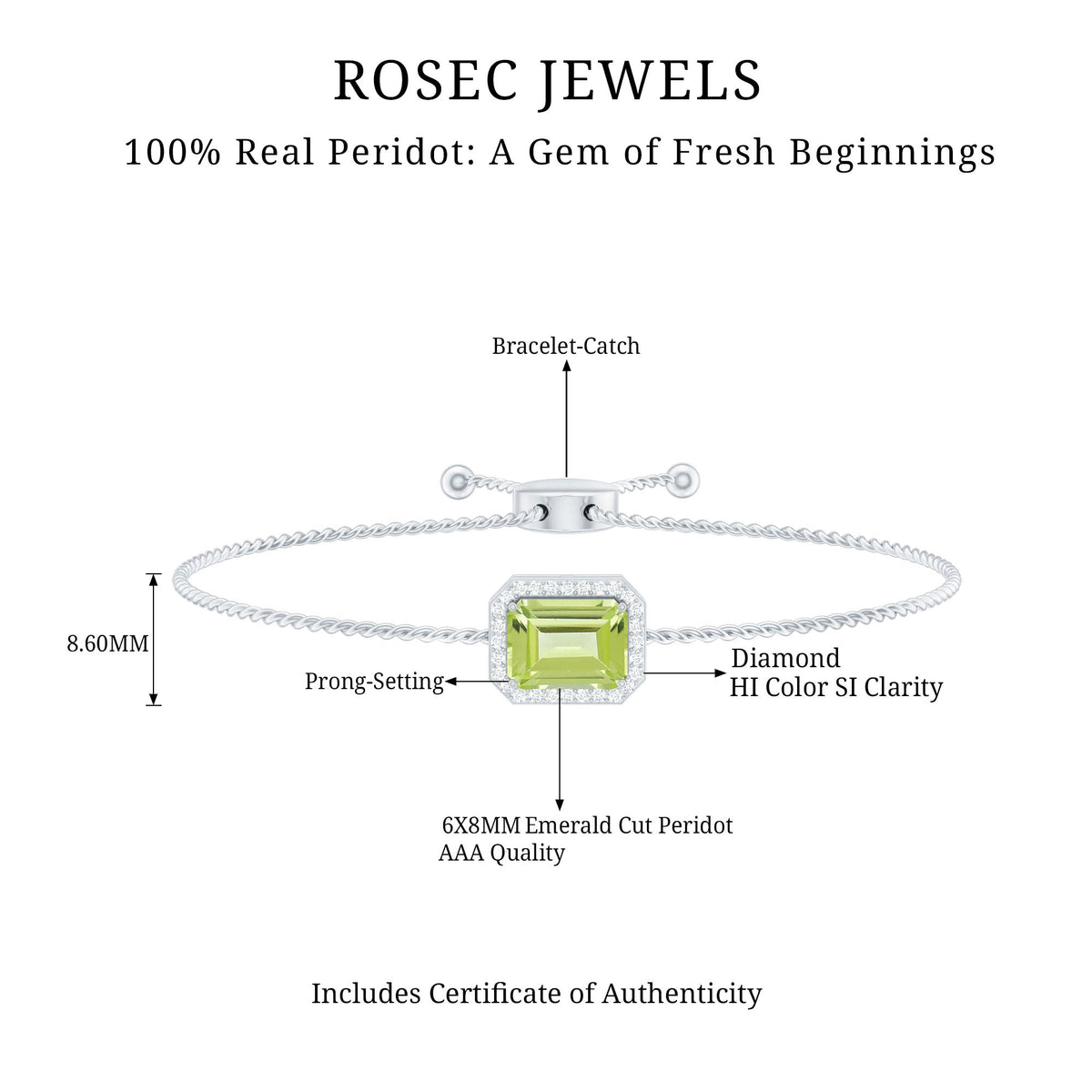 Emerald cut peridot and diamond bolo chain bracelet with rose gold accents, featuring a luxurious and elegant jewelry design.