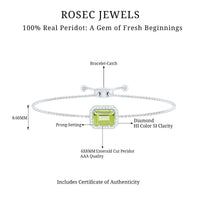 Emerald cut peridot and diamond bolo chain bracelet with rose gold accents, featuring a luxurious and elegant jewelry design.