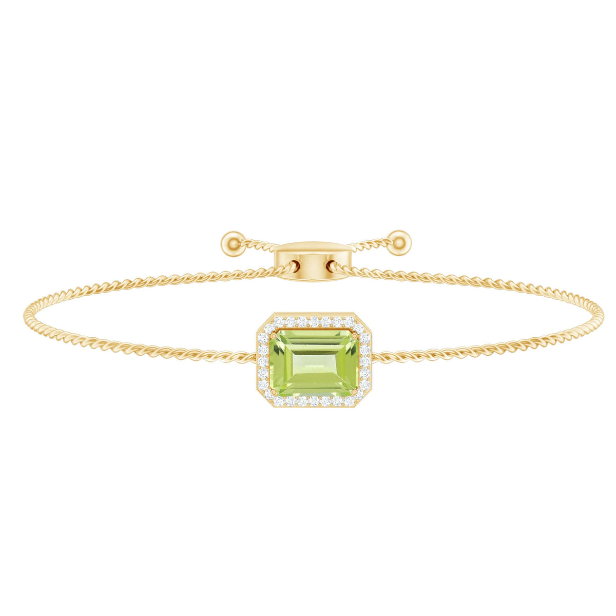 Emerald cut peridot and diamond bolo chain bracelet from Rosec Jewels with 1.8 carats of gemstones and elegant design.
