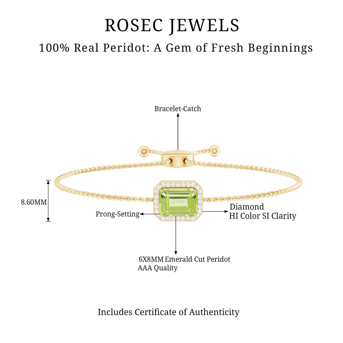 Emerald cut peridot and diamond bolo chain bracelet featuring 1.8 carats of gemstones and sparkling accents.