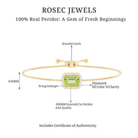 Emerald cut peridot and diamond bolo chain bracelet featuring 1.8 carats of gemstones and sparkling accents.