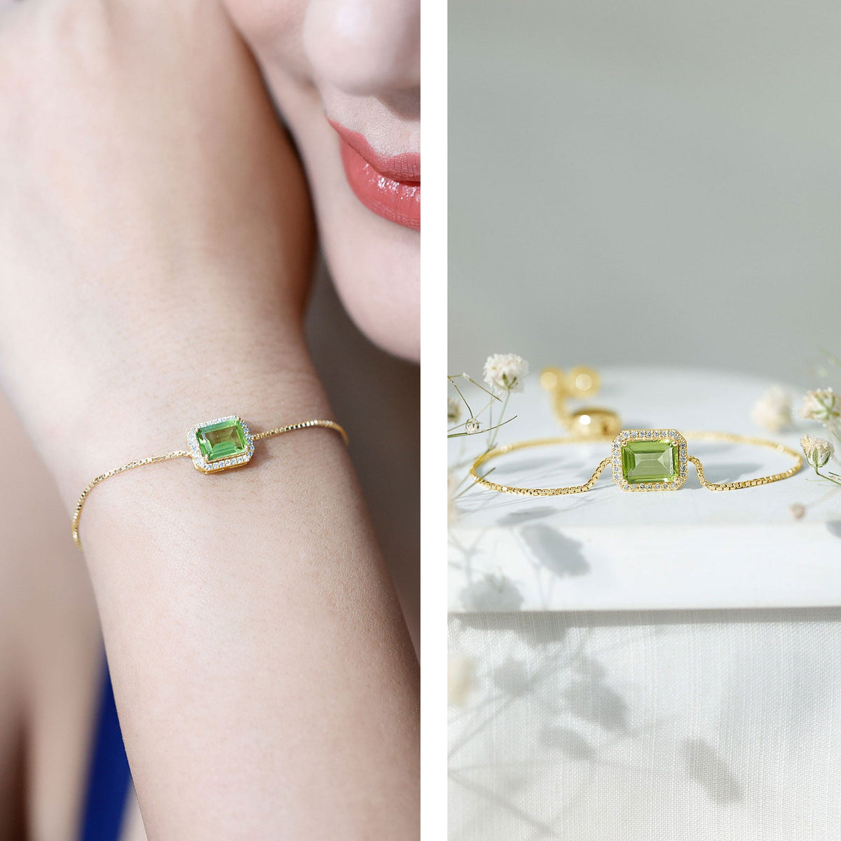 Emerald cut peridot and diamond bolo chain bracelet by Rosec Jewels featuring 1.8 carats of vibrant green peridot stones and sparkling diamonds.