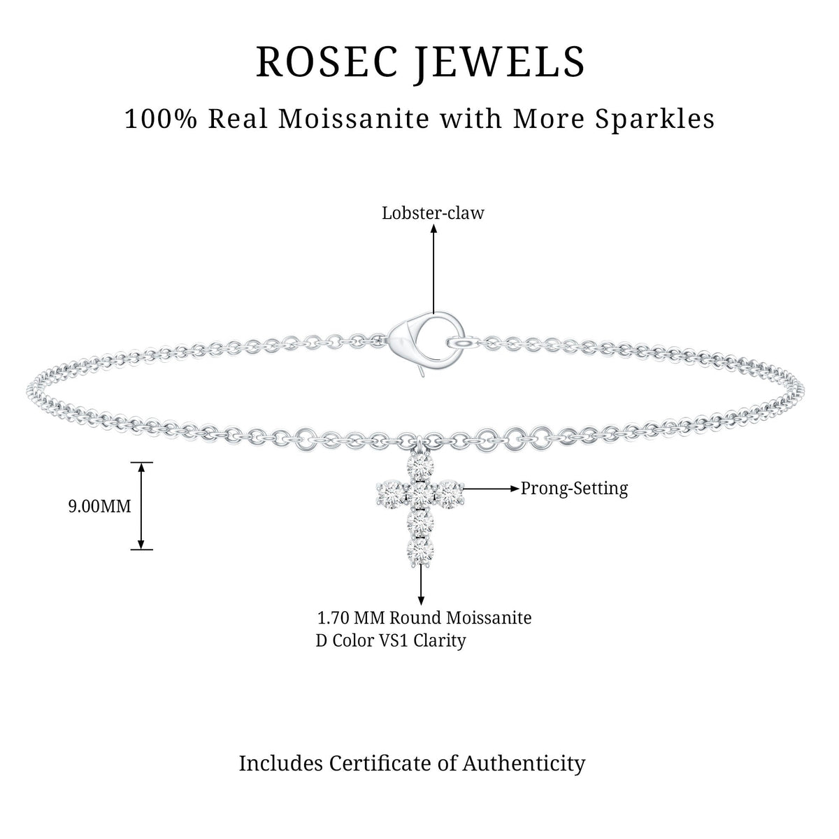 Rosec Jewels certified moissanite cross charm chain bracelet for women, featuring sparkling moissanite accents on a delicate bracelet
