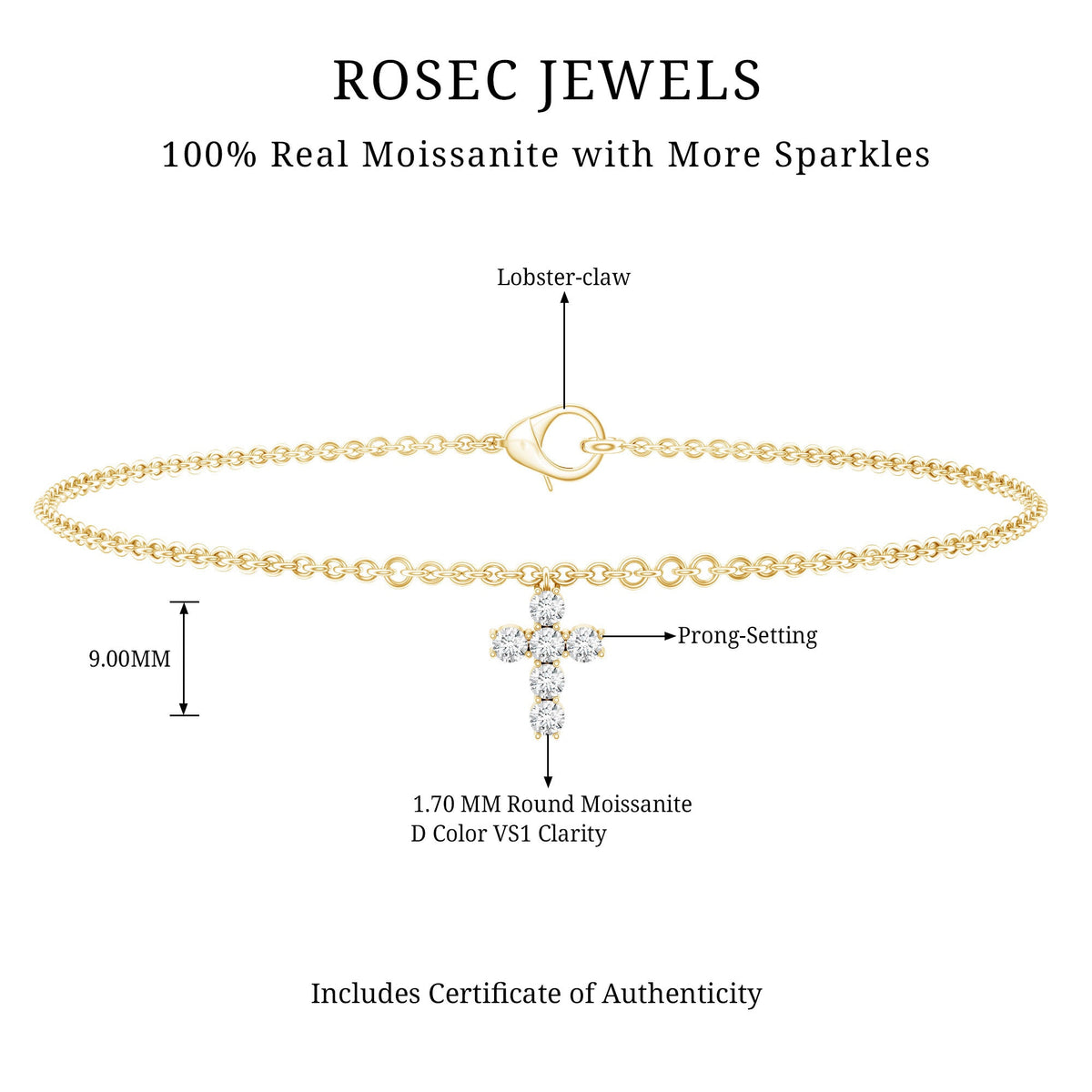 Rosec Jewels certified moissanite cross charm chain bracelet for women, featuring a delicate silver design with sparkling moissanite accents.