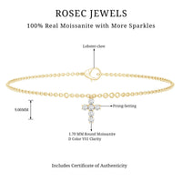 Rosec Jewels certified moissanite cross charm chain bracelet for women, featuring a delicate silver design with sparkling moissanite accents.