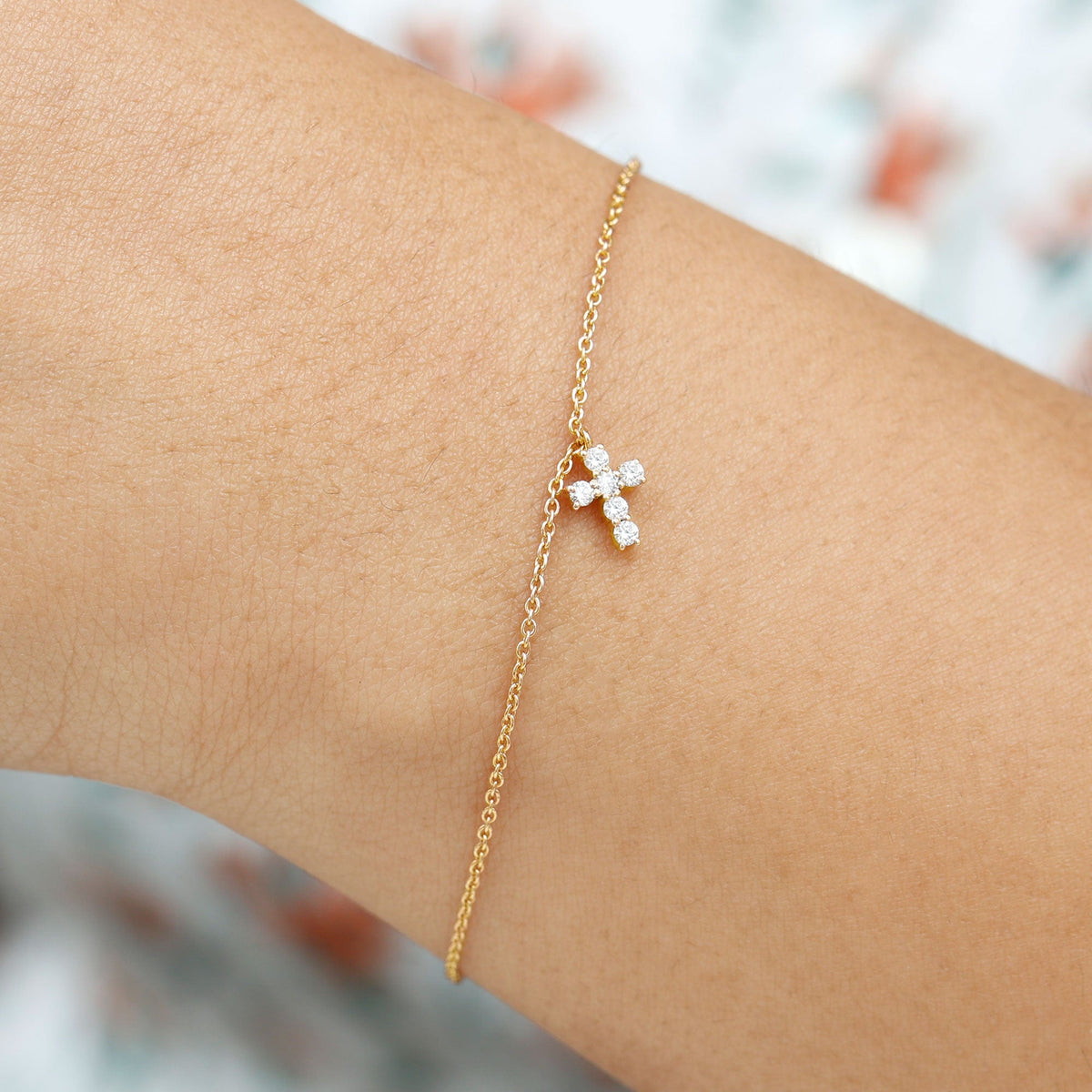 Certified Moissanite cross charm chain bracelet for women by Rosec Jewels, featuring sparkling moissanite stones and a delicate design.
