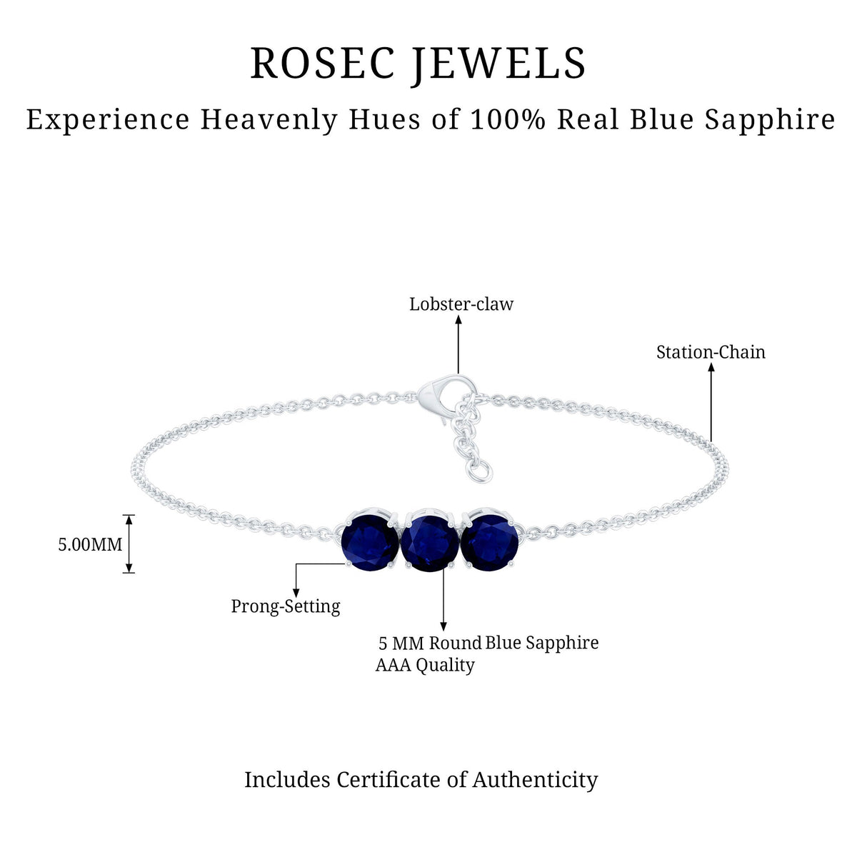 Natural 2.85 Carat Blue Sapphire Three Stone Chain Bracelet