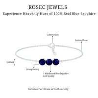 Natural 2.85 Carat Blue Sapphire Three Stone Chain Bracelet