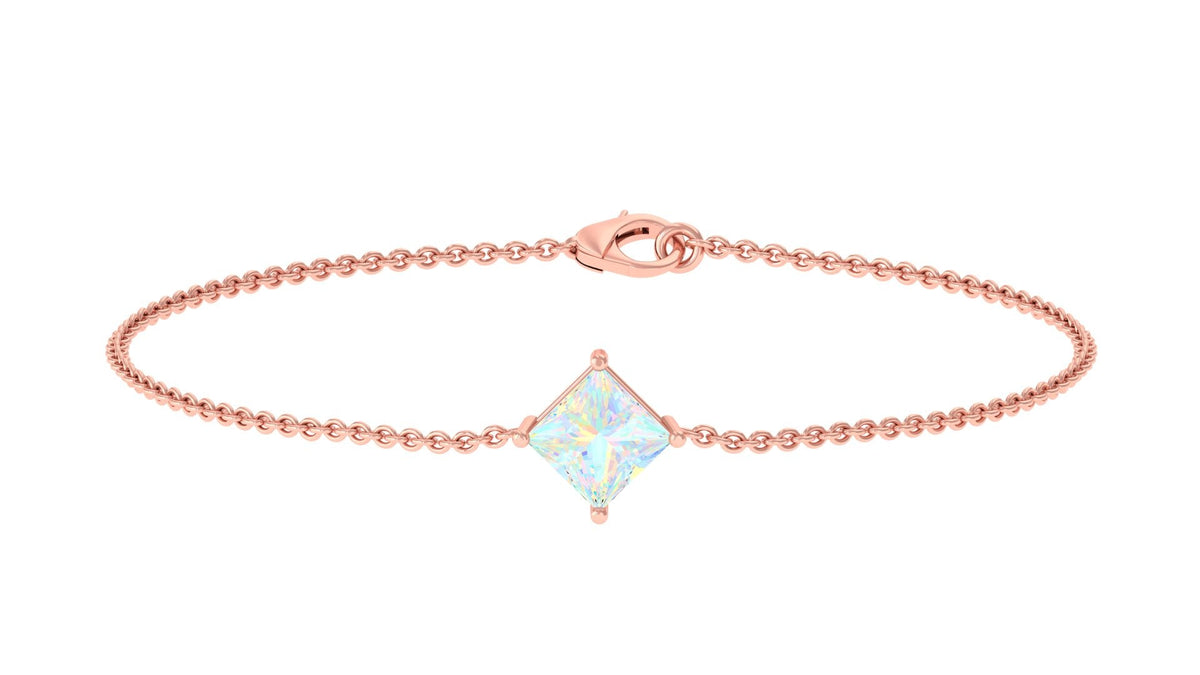 2 Carat princess cut Ethiopian opal solitaire chain bracelet by Rosec Jewels, featuring a shimmering rectangular gemstone on a delicate chain.