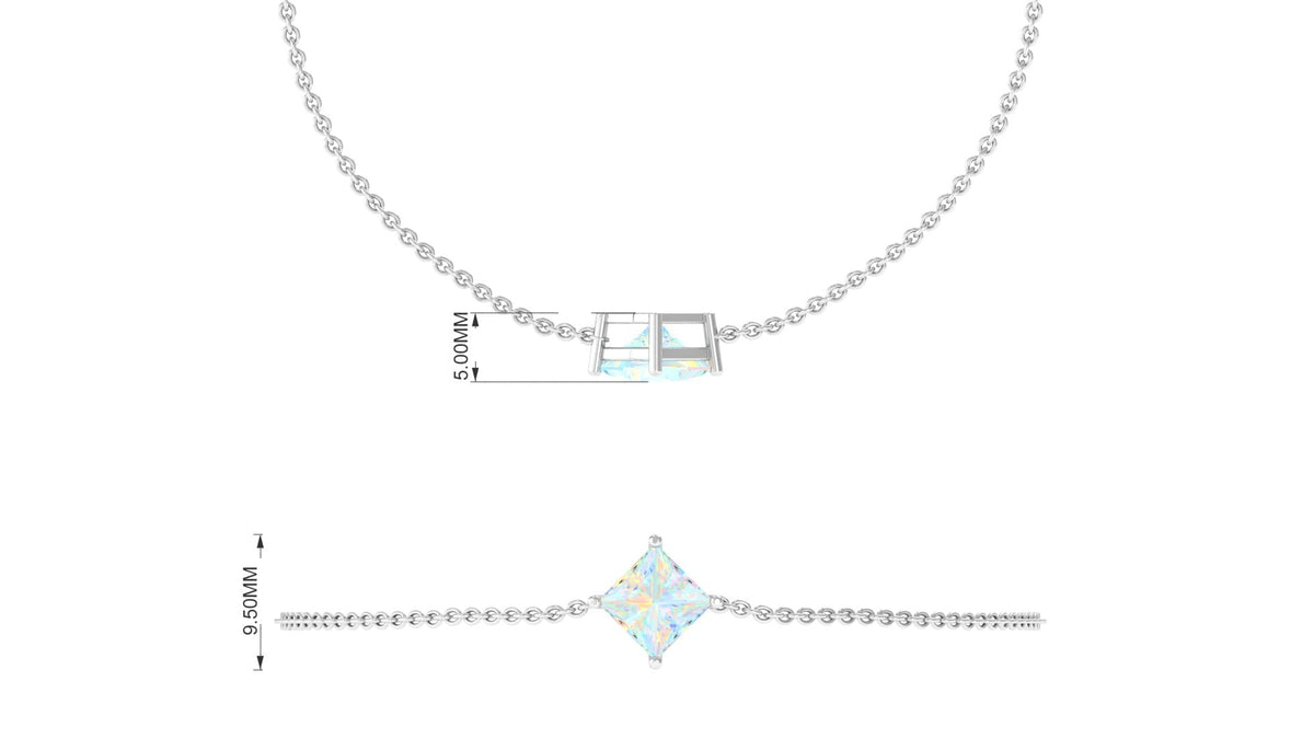 Two-carat princess cut Ethiopian opal solitaire chain bracelet with a delicate design, featuring sparkling gemstones on a fine silver band.