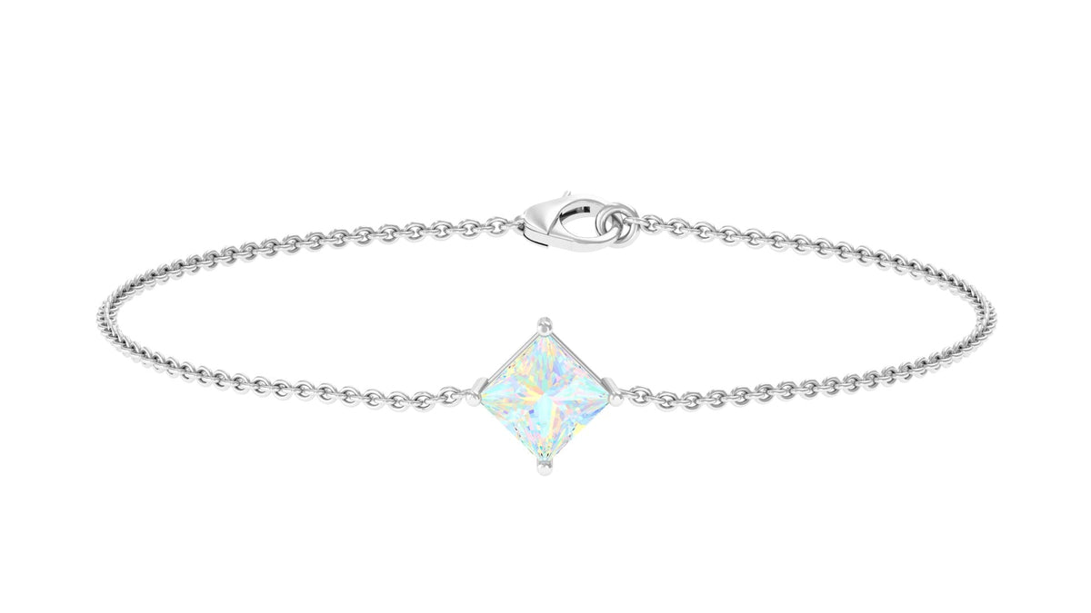 Ethiopian opal princess cut solitaire chain bracelet with 2 carats of vibrant gemstones, crafted by Rosec Jewels.