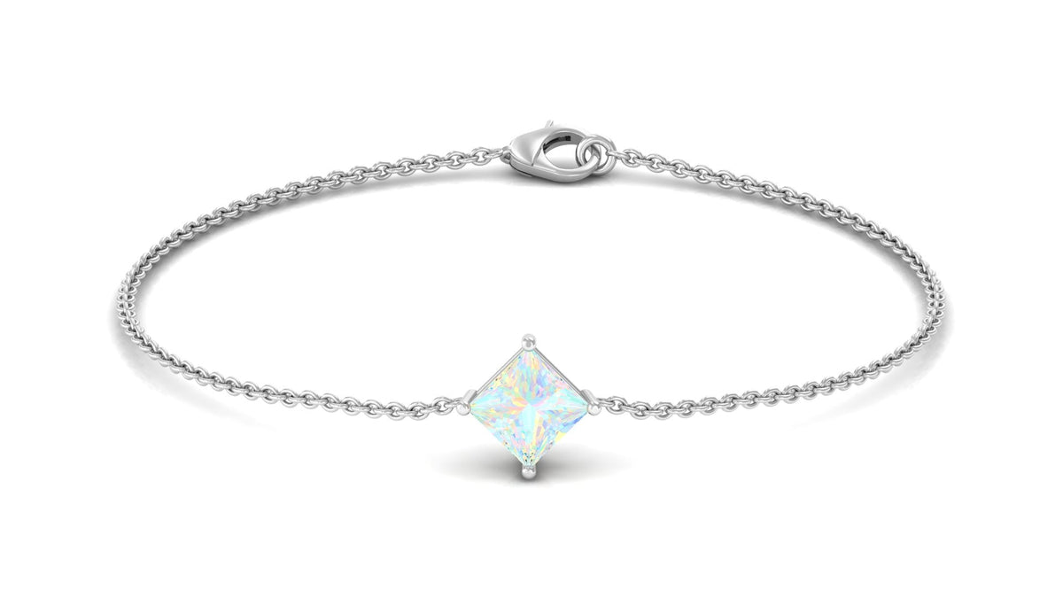 Ethiopian opal princess cut solitaire chain bracelet with 2 carats, featuring a sleek design and Rosec Jewels branding.
