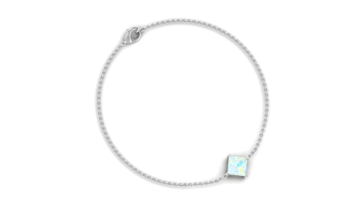 Two-carat princess cut Ethiopian opal solitaire chain bracelet with a rose gold finish, designed by Rosec Jewels.
