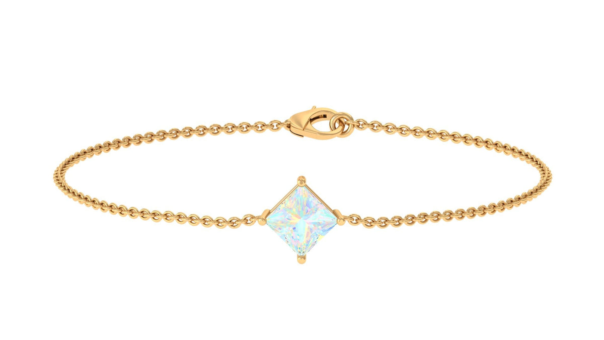 Two-carat princess cut Ethiopian opal solitaire chain bracelet with a delicate design, featuring vibrant orange and green hues.