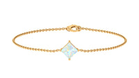 Two-carat princess cut Ethiopian opal solitaire chain bracelet with a delicate design, featuring vibrant orange and green hues.