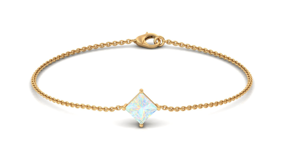 2 Carat Princess Cut Ethiopian Opal Solitaire Chain Bracelet by Rosec Jewels featuring a sparkling gemstone and delicate chain design.