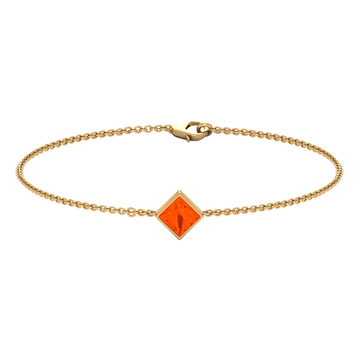 Genuine 0.5 carat princess cut fire opal birthstone bracelet by Rosec Jewels, featuring vibrant orange gemstones with a delicate silver setting.