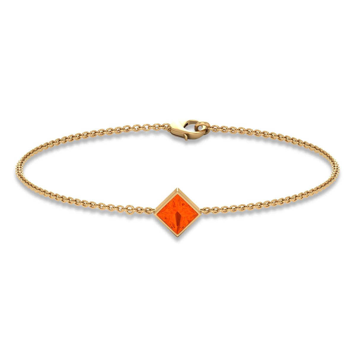 Genuine 0.5 carat princess cut fire opal birthstone bracelet by Rosec Jewels, featuring vibrant orange gemstones on a delicate bracelet.
