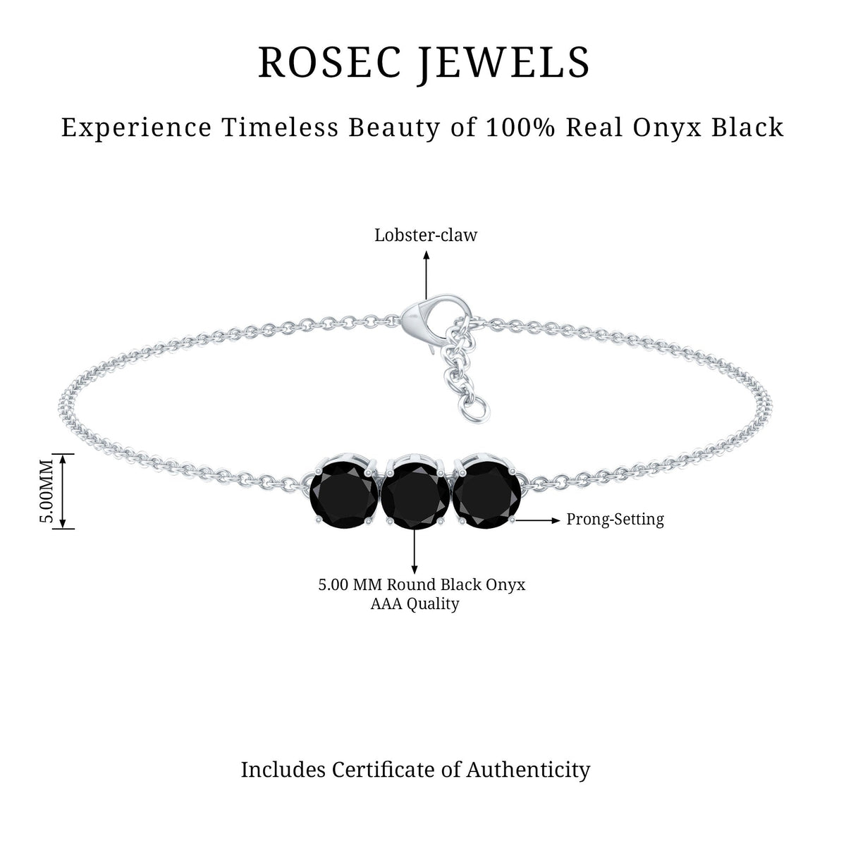 Black Onyx three-stone chain bracelet by Rosec Jewels featuring polished black onyx stones and a secure chain design.