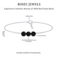 Black Onyx three-stone chain bracelet by Rosec Jewels featuring polished black onyx stones and a secure chain design.