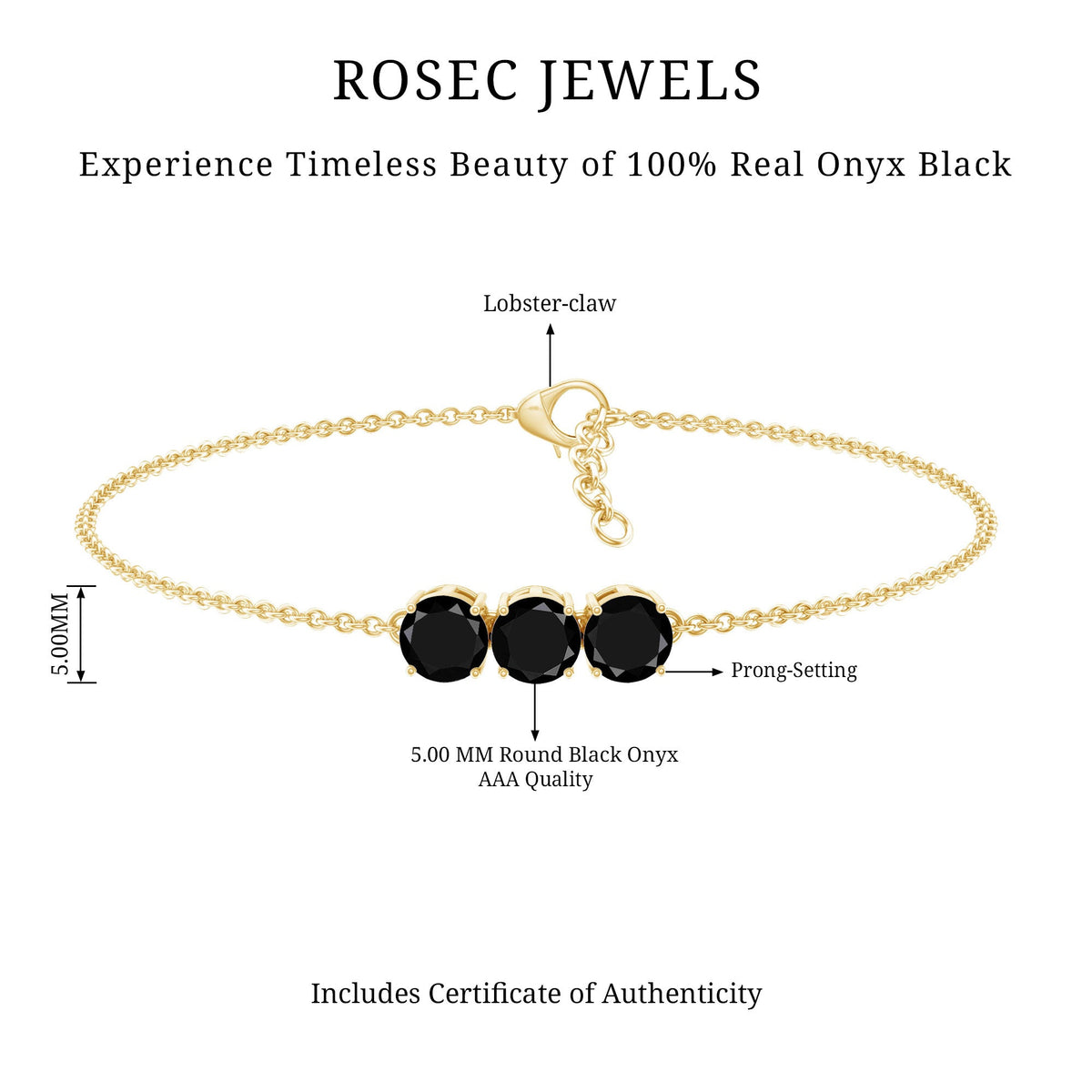 Black Onyx three-stone chain bracelet by Rosec Jewels featuring polished stones and a secure clasp, with a certificate of authenticity.
