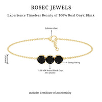 Black Onyx three-stone chain bracelet by Rosec Jewels featuring polished stones and a secure clasp, with a certificate of authenticity.