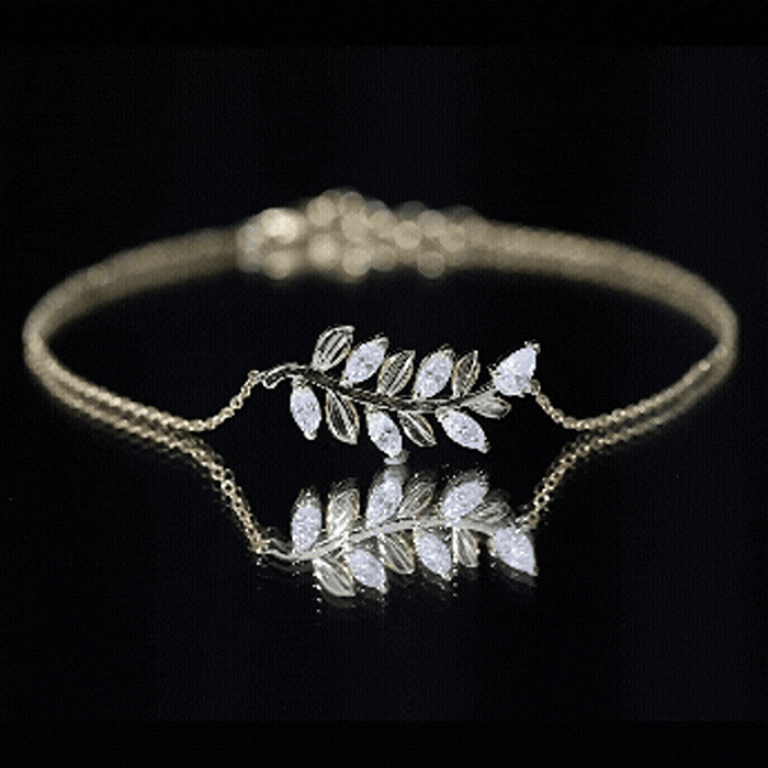 Yellow moissanite leaf chain bracelet for women by Rosec Jewels, featuring delicate leaf-shaped links and sparkling gemstones.