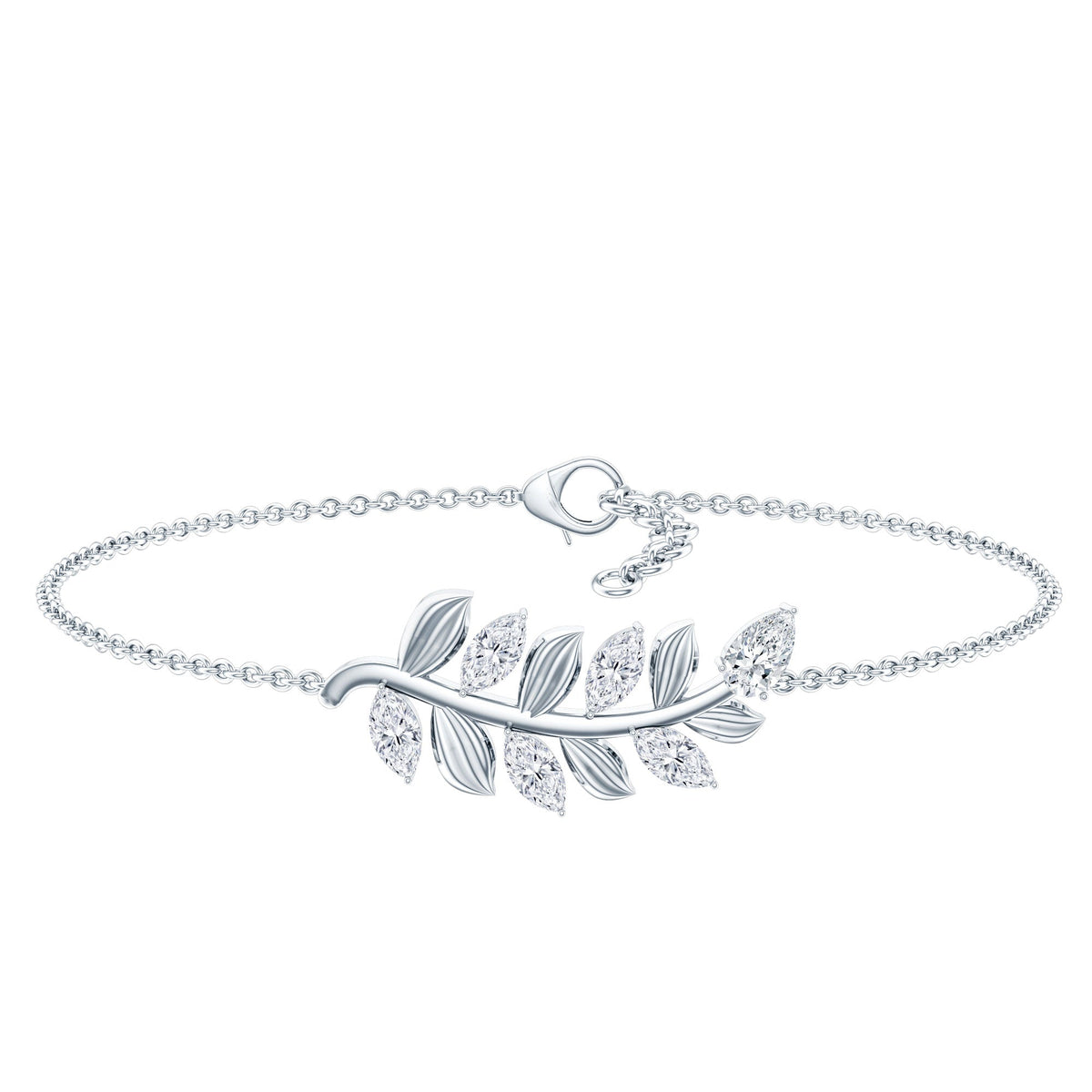 Certified Moissanite leaf chain bracelet for women by Rosec Jewels, featuring sparkling leaf design and delicate chain detail.