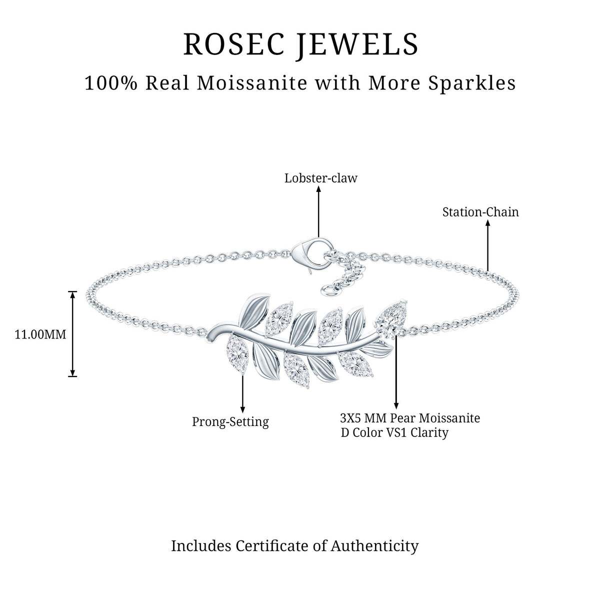 Certified Moissanite leaf chain bracelet for women featuring sparkling leaf motifs, crafted by Rosec Jewels.