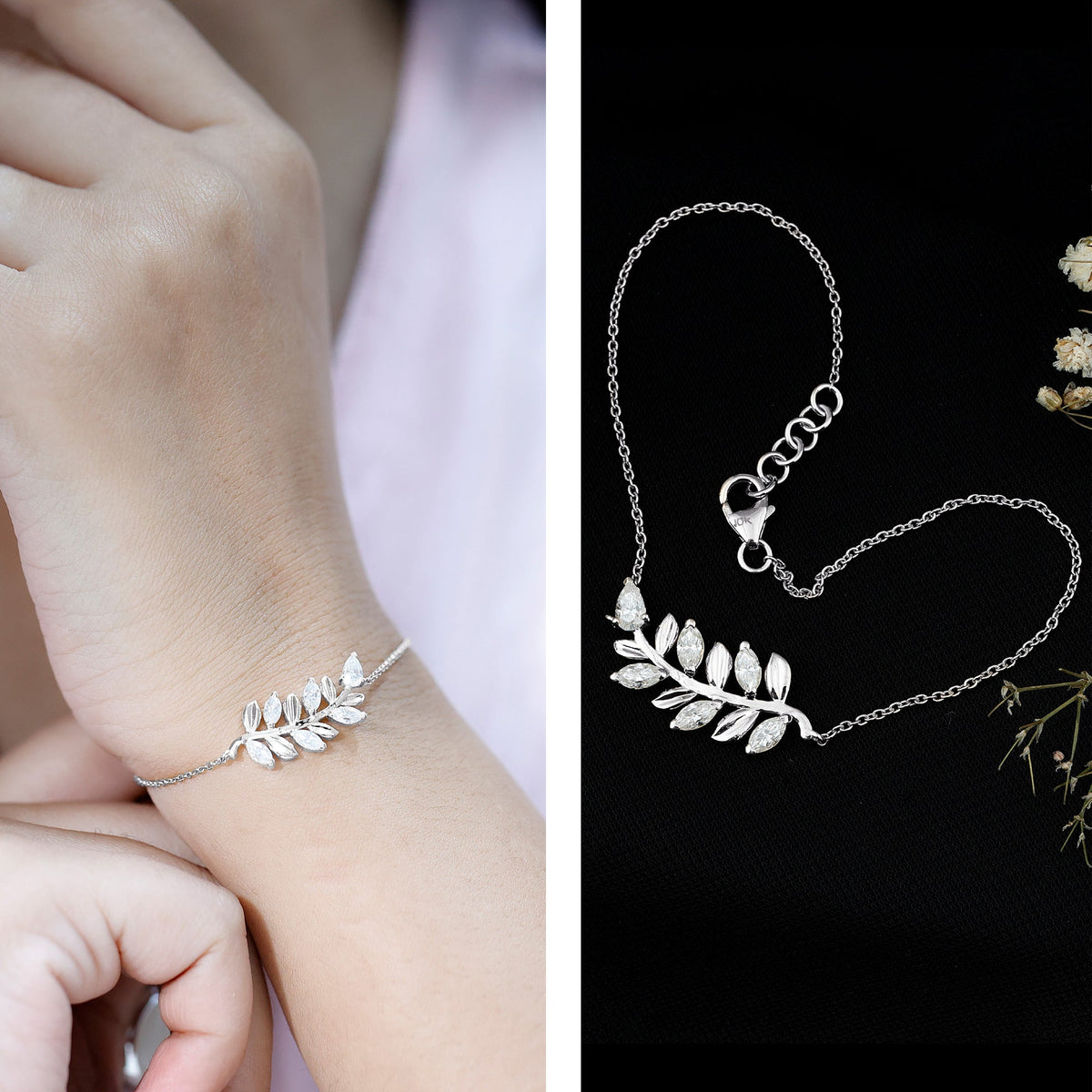 Certified Moissanite leaf chain bracelet for women featuring sparkling moissanite stones and delicate leaf design by Rosec Jewels.