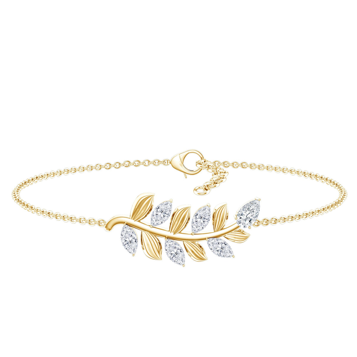 Certified Moissanite Leaf Chain Bracelet for Women by Rosec Jewels, delicate gold-tone bracelet with leaf-shaped moissanite stones.