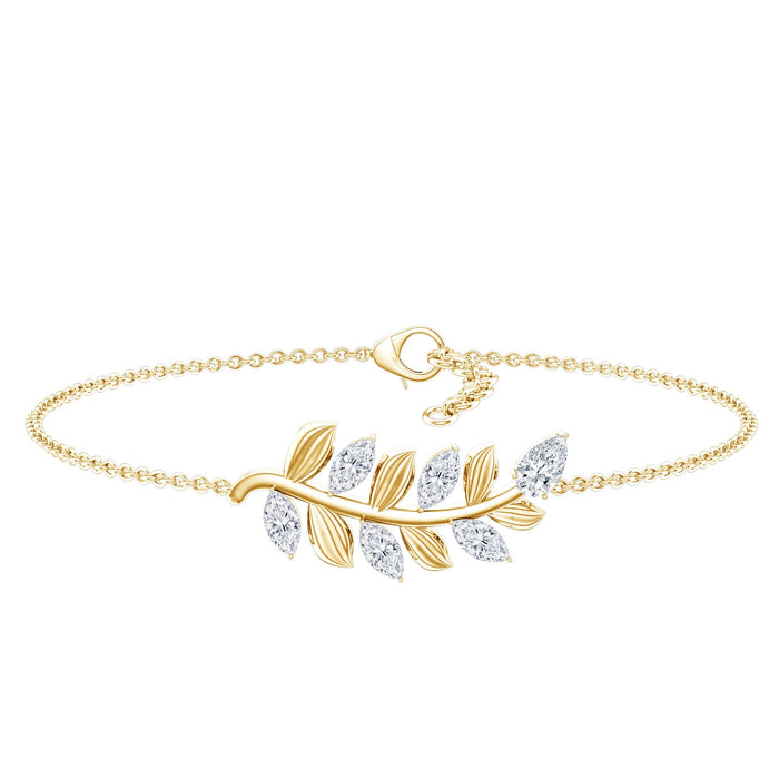 Certified Moissanite Leaf Chain Bracelet for Women by Rosec Jewels, delicate gold-tone bracelet with leaf-shaped moissanite stones.