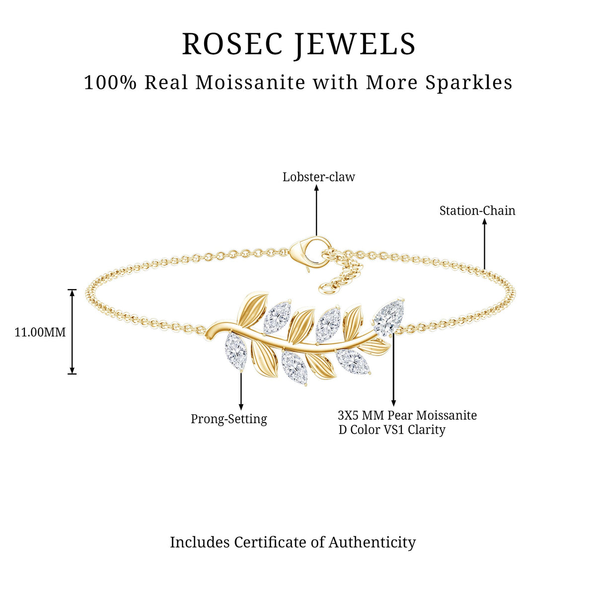 Elegant certified moissanite leaf chain bracelet for women, featuring sparkling leaf charms, by Rosec Jewels.