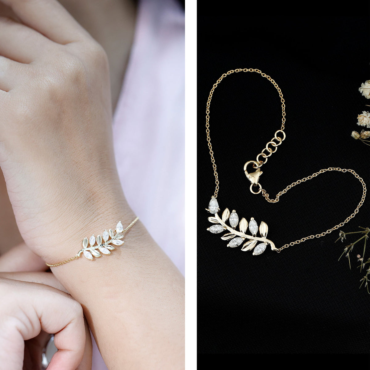 Certified Moissanite leaf chain bracelet for women with sparkling leaf charms, crafted by Rosec Jewels.