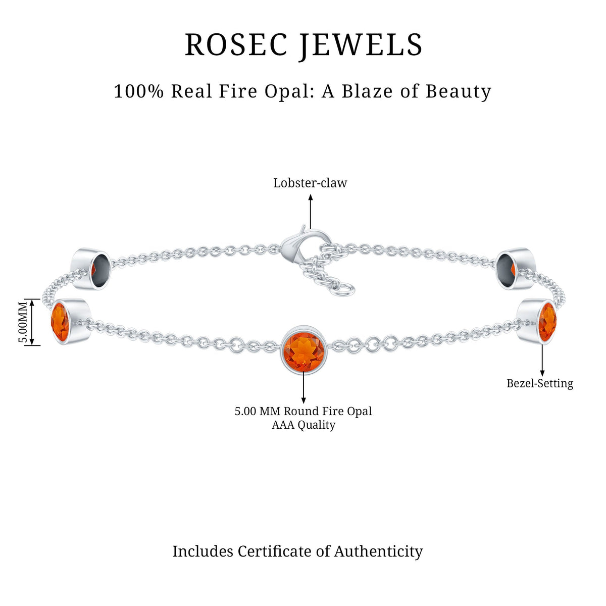 1 CT Real Fire Opal Five Stone Station Chain Bracelet in Bezel Setting