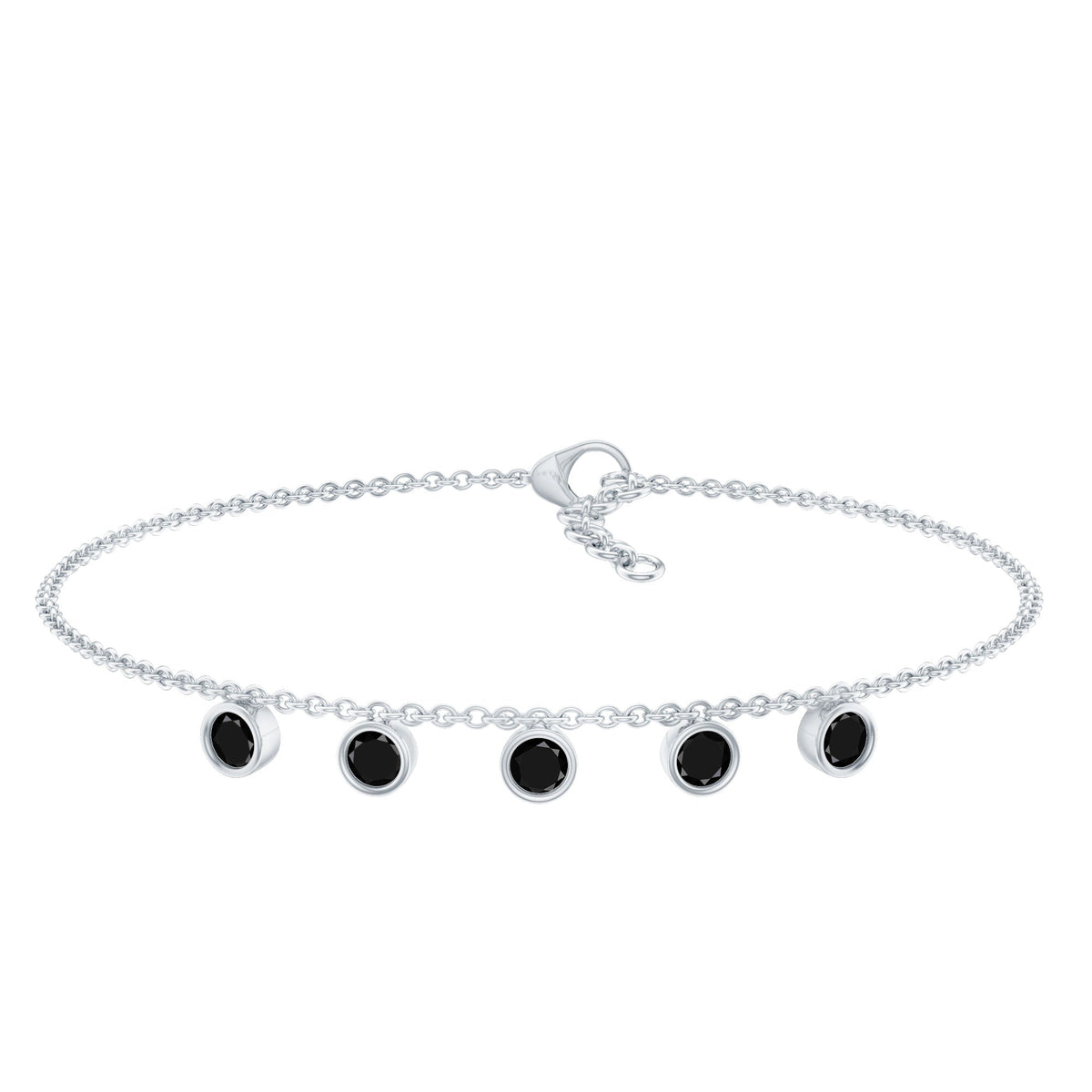 Certified Five Stone Black Onyx Charm Bracelet for Women by Rosec Jewels, showcasing elegant black onyx stones on a delicate bracelet.