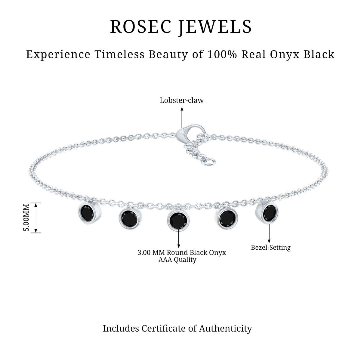 Black onyx charm bracelet for women featuring five stones, crafted by Rosec Jewels, with a delicate and elegant design.