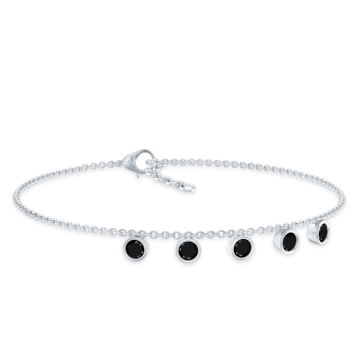 Certified Five Stone Black Onyx charm bracelet for women featuring polished black onyx stones on a silver-tone bracelet.