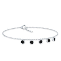 Certified Five Stone Black Onyx charm bracelet for women featuring polished black onyx stones on a silver-tone bracelet.
