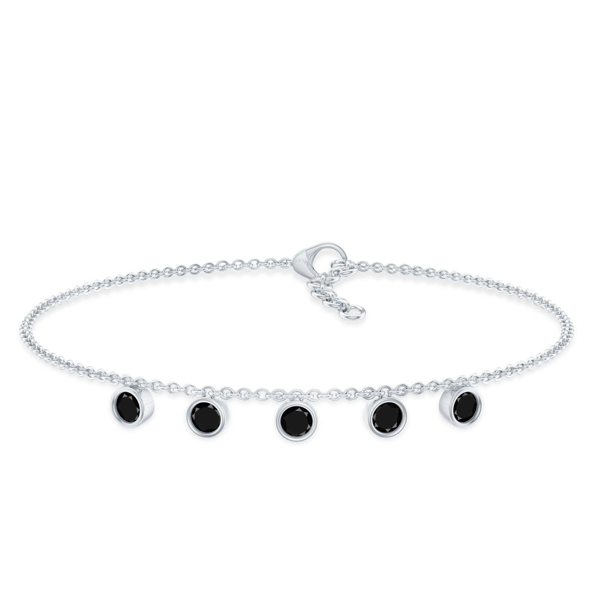 Black onyx charm bracelet for women featuring five stone design by Rosec Jewels, showcasing elegant jewelry with polished stones.