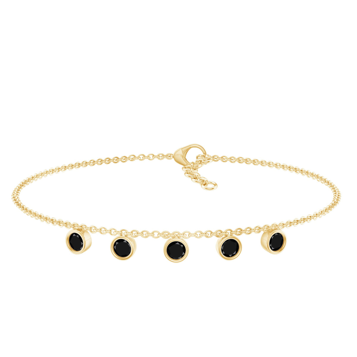 Black onyx charm bracelet for women by Rosec Jewels featuring five polished stones on a delicate bracelet chain.