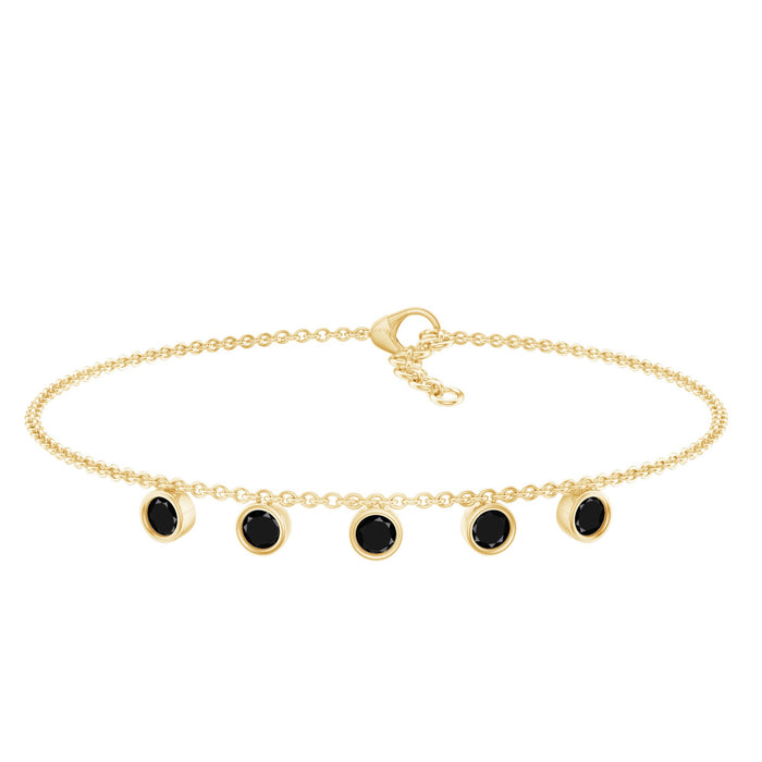 Black onyx charm bracelet for women by Rosec Jewels featuring five polished stones on a delicate bracelet chain.