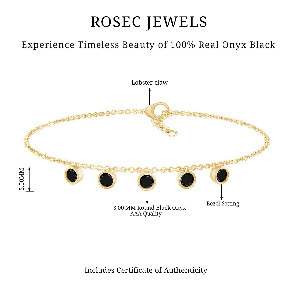 Black onyx charm bracelet for women featuring five stones, crafted by Rosec Jewels. Elegant jewelry accessory.