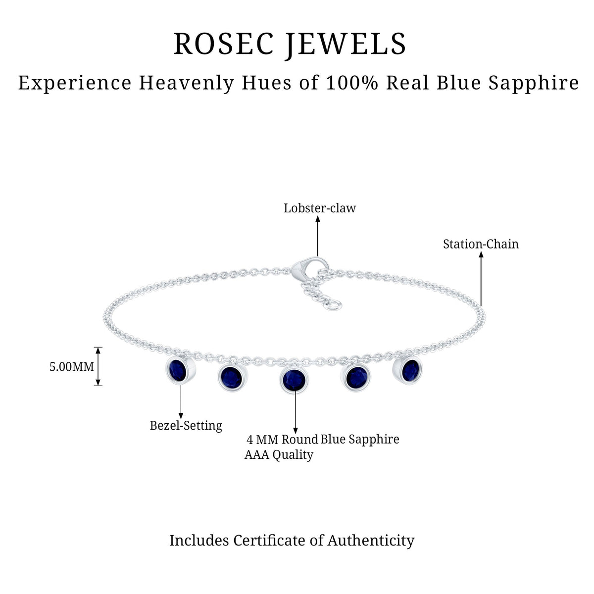 Bezel set blue sapphire charm bracelet by Rosec Jewels featuring a silver chain and sparkling blue sapphire stones.