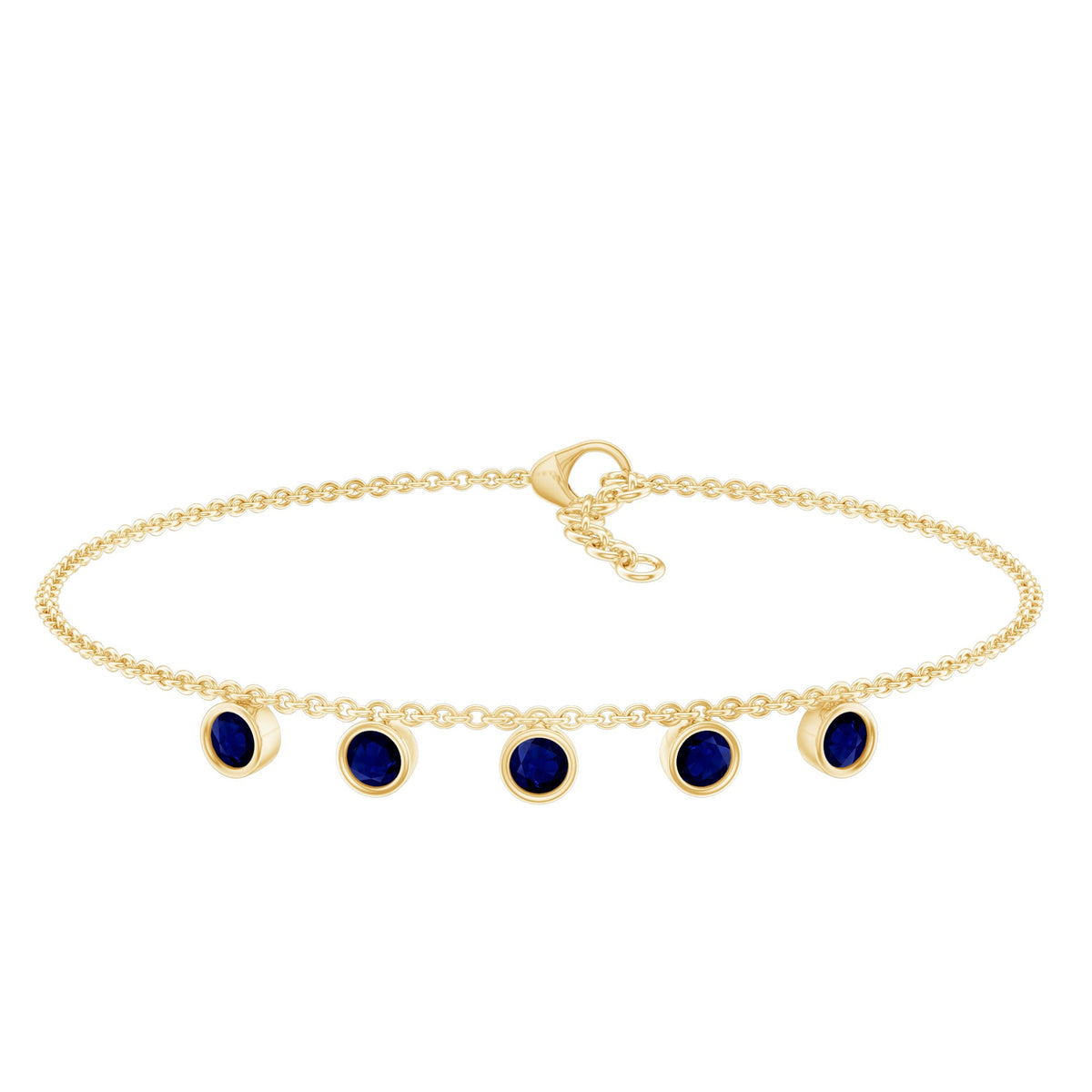 Bezel set blue sapphire charm bracelet by Rosec Jewels featuring a row of sparkling blue sapphires on a delicate bracelet chain.