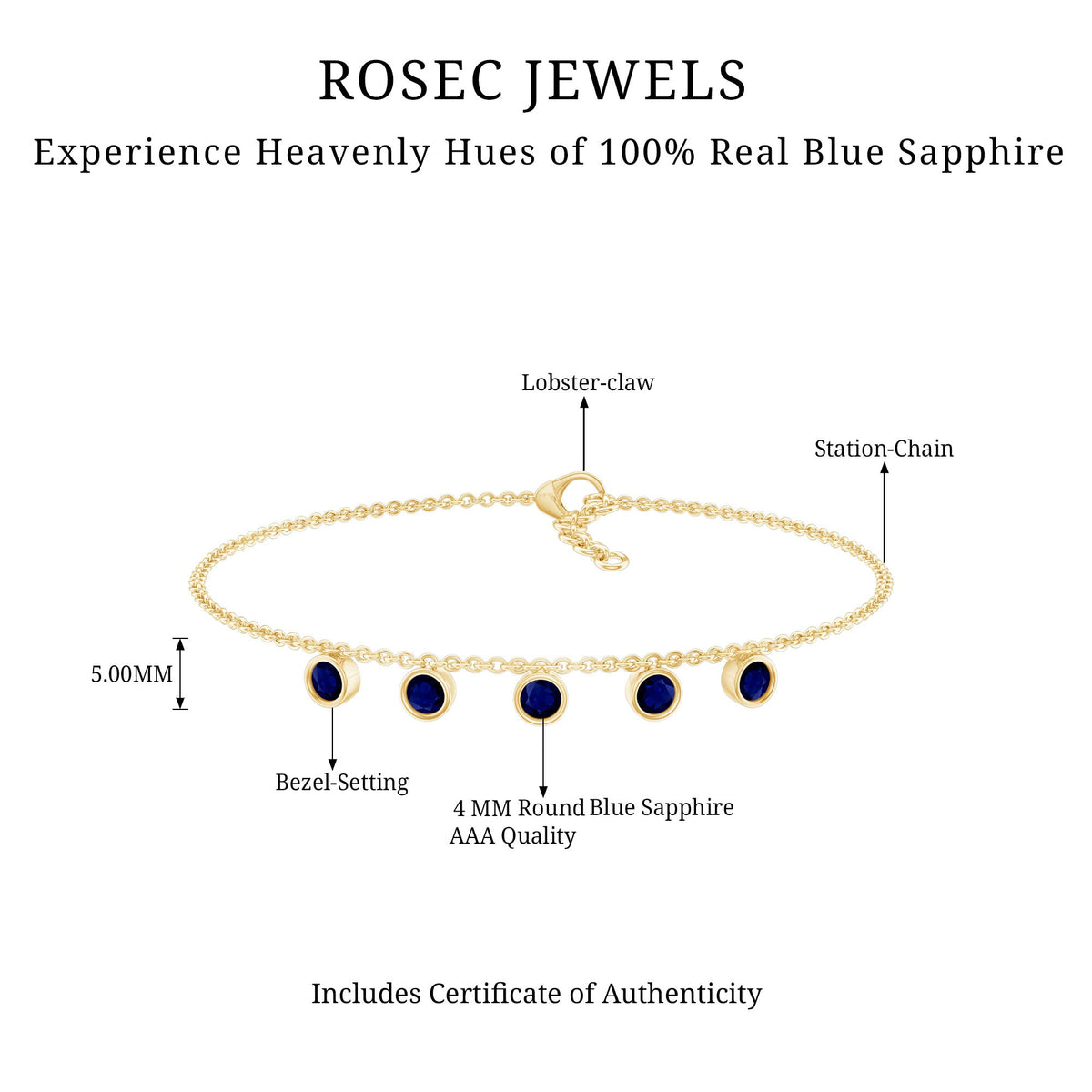 Bezel set blue sapphire charm bracelet by Rosec Jewels with silver chain and round sapphires, elegant jewelry accessory