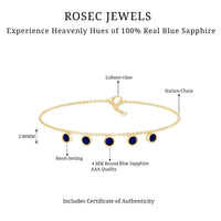 Bezel set blue sapphire charm bracelet by Rosec Jewels with silver chain and round sapphires, elegant jewelry accessory